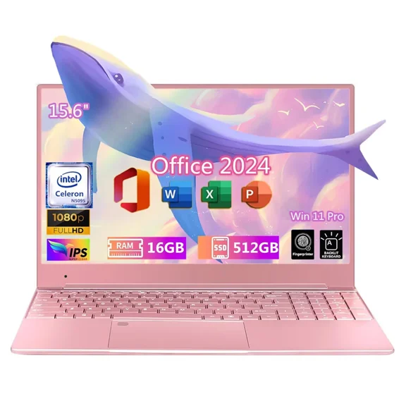15.6" IPS FHD Laptop Win 11 Pro Office 2024 16GB RAM 512GB SSD Intel Celeron N5095 Quad-Core Thin Light Business Student Notebook PC Computer Backlit Keyboard Fingerprint Pink