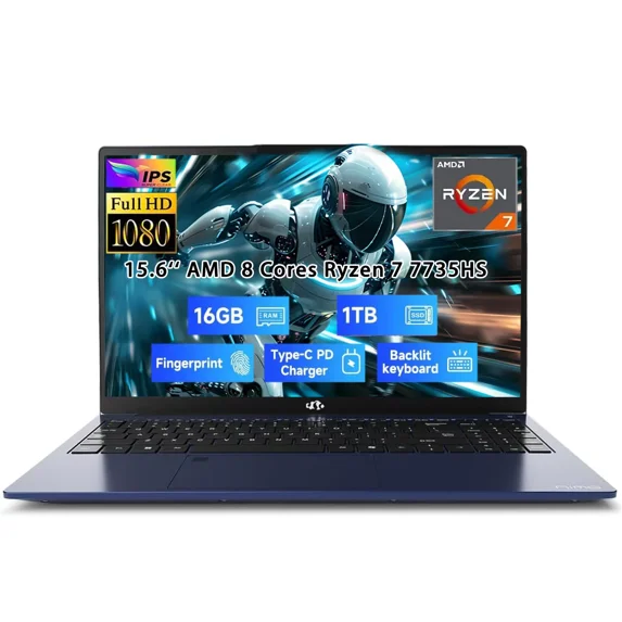 15.6" IPS FHD New Gaming Laptop, AMD 8 Cores Ryzen 7 7735HS 16GB DDR5 RAM 1TB SSD (Beats i7-12650H, Up to 4.75GHz) Computer with Radeon 680M 100W Type-C Backlit Keyboard Fingerprint Unlock Blue