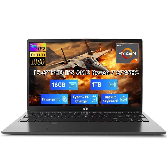15.6" IPS FHD New Gaming Laptop, AMD Ryzen 7 8745HS 16GB DDR5 RAM 1TB SSD (up to 4.9GHz) Radeon 780M Graphics Business Computer with 100W Type-C Backlit Keyboard, Fingerprint USB-C 4.0 Black
