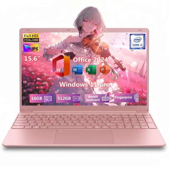 15.6" IPS FHD Pink Laptop, Office 2024, Windows11 Pro, 16GB RAM 512GB SSD, Intel Core i3, Backlit Keyboard Fingerprint Reader, Thin and Light 2026 NEW Notebook PC computer for Girls and Lady