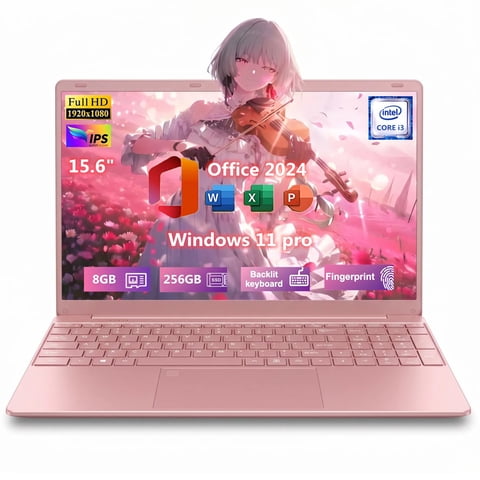 15.6" IPS FHD Pink Laptop, Office 2024, Windows11 Pro, 8GB RAM 256GB SSD, Intel Core i3, Backlit Keyboard Fingerprint Reader, Thin and Light 2026 NEW Notebook PC computer for Girls and Lady