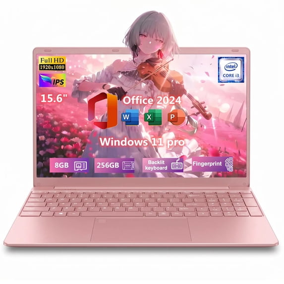 15.6" IPS FHD Pink Laptop, Office 2024, Windows11 Pro, 8GB RAM 256GB SSD, Intel Core i3, Backlit Keyboard Fingerprint Reader, Thin and Light 2026 NEW Notebook PC computer for Girls and Lady
