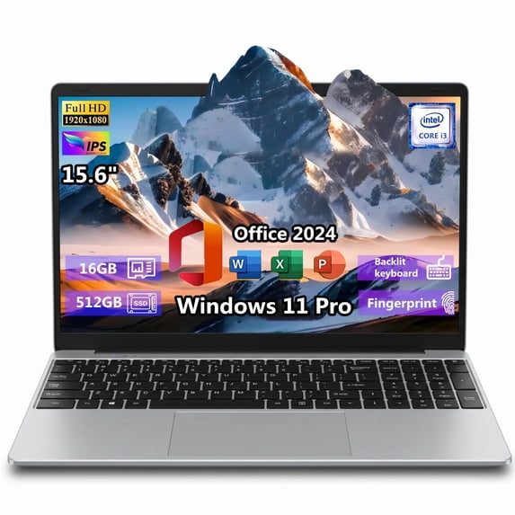 15.6" IPS FHD Silver Laptop, Windows 11 Pro, Office 2024, 16GB RAM 512GB SSD, Intel Core i3-6100U, Backlit Keyboard, Fingerprint Reader, USB3.0 WiFi5, Student & Business Laptop Computer