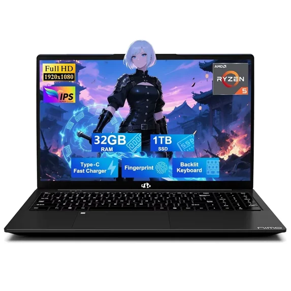 15.6'' IPS FHD Student Laptop, 32GB RAM 1TB SSD AMD Ryzen 5(Beat i5-1135G7, 4 Cores Up to 3.7GHz) Computer with 65W Type-C, Fingerprint, Backlit Keyboard, BT5.2, Black
