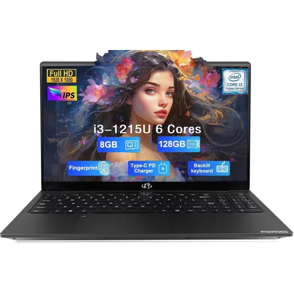 15.6" IPS FHD-Student-Laptop, Intel 6 Cores I3-1215U 8GB RAM 128GB SSD (Beats i5-1135G7, Up to 4.4GHz) Computer with 65W Type C Backlit Keyboard Fingerprint, for Home and Business