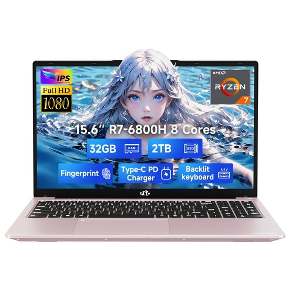 15.6 IPS Laptop-Computer 32GB RAM 2TB SSD Pink 8 Cores AMD Ryzen7 6800H,2 Years Warranty(Beat Intel i7-12700H,Up to 4.7GHz) Gaming-Student-Laptop with Backlit Keyboard Fingerprint
