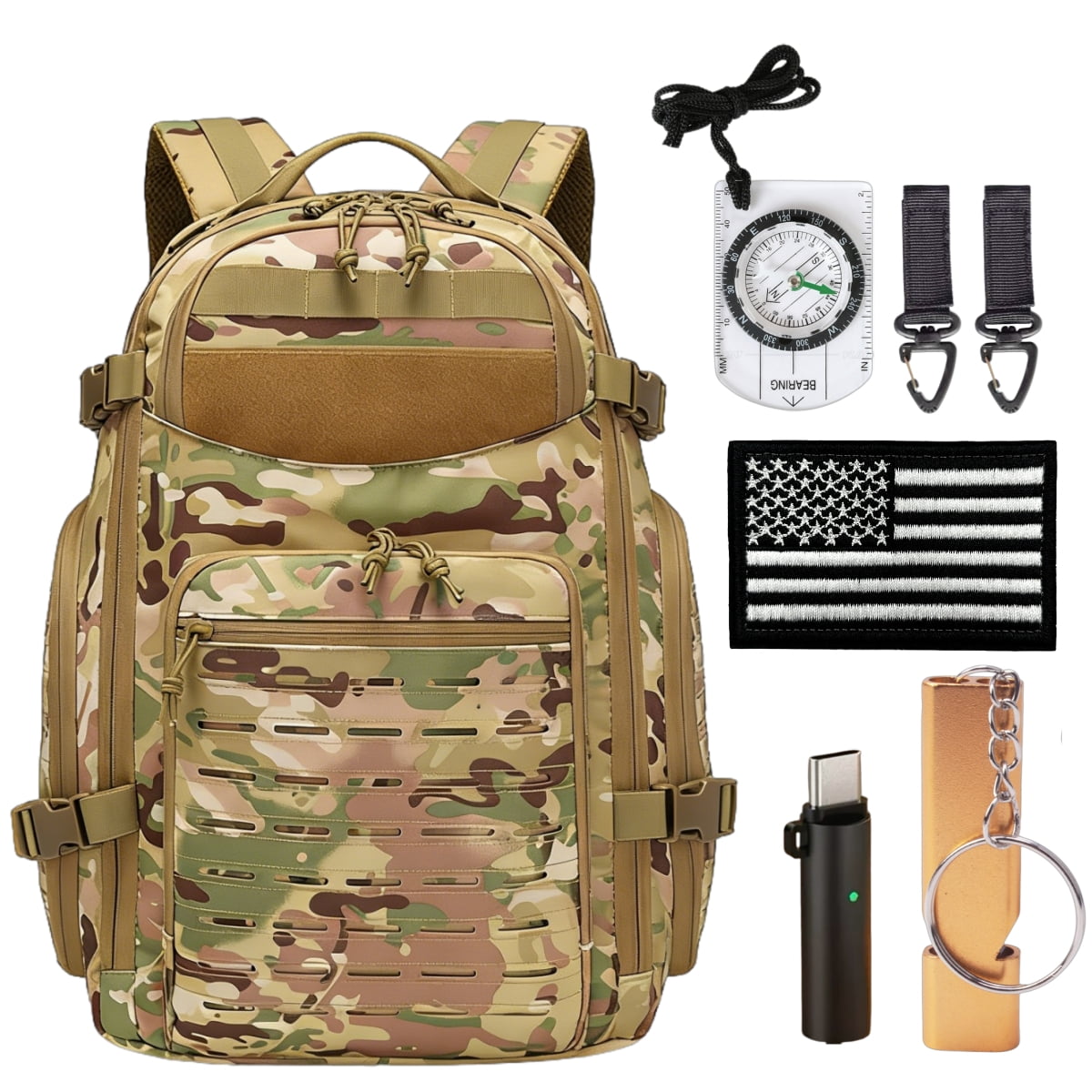 15.6 Inch Laptop Backpack - Large Capacity Outdoor Rucksack with MOLLE Webbing, Compass, Flag Patch, Survival Whistle,TYPE-C Outdoor Fire Starter (Hiking Camping Daily Commute)