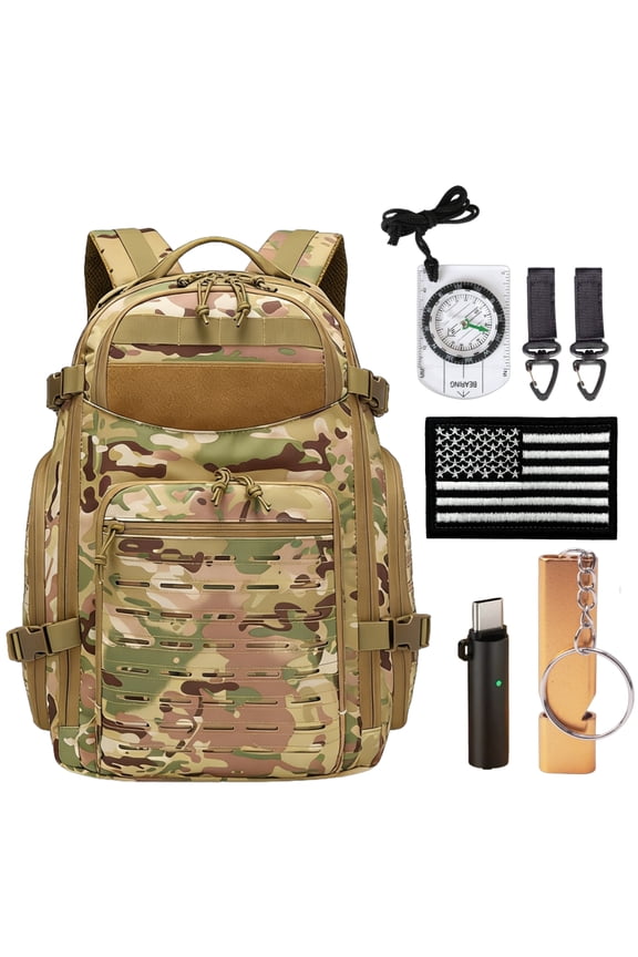 15.6 Inch Laptop Backpack - Large Capacity Outdoor Rucksack with MOLLE Webbing, Compass, Flag Patch, Survival Whistle,TYPE-C Outdoor Fire Starter (Hiking Camping Daily Commute)