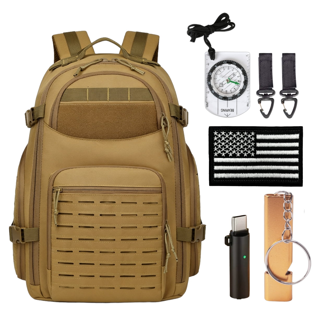 15.6 Inch Laptop Backpack - Large Capacity Outdoor Rucksack with MOLLE Webbing, Compass, Flag Patch, Survival Whistle,TYPE-C Outdoor Fire Starter (Hiking Camping Daily Commute)