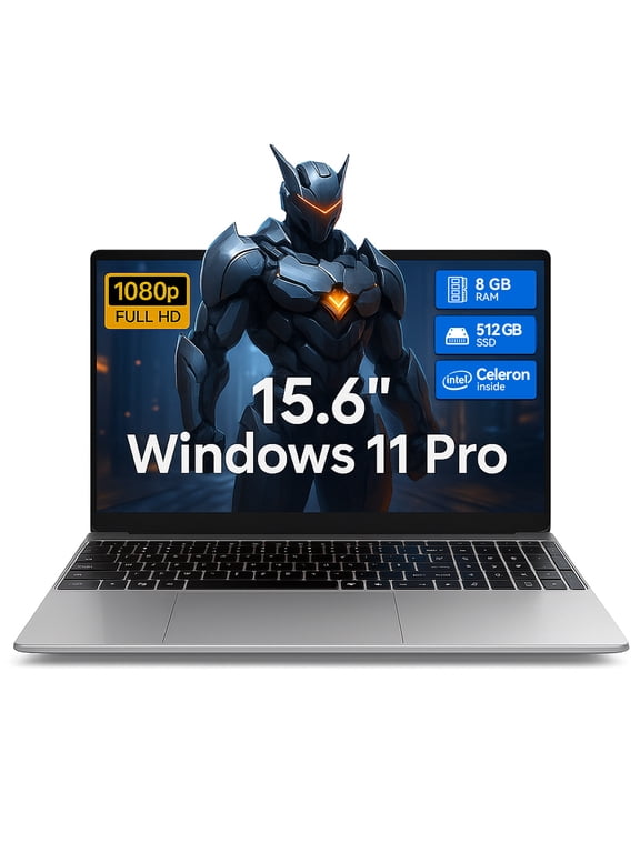15.6 Inch Windows 11 Pro Laptop, 8GB RAM 512GB SSD, Intel Celeron, FHD IPS Display, Ultra Slim Notebook, Dual-Band WiFi, HDMI, Webcam