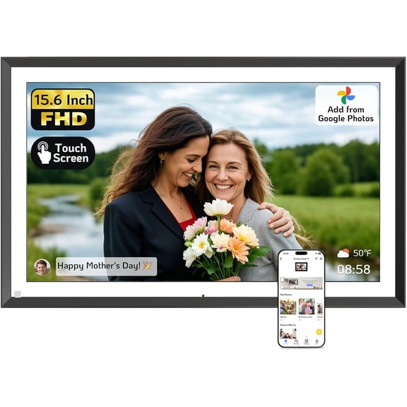 15.6 Inch Touchscreen Digital Picture Frame 64GB, WiFi Digital Photo Frame FHD, Add Photos from Google Photos, Share Photos/Videos via App/USB, Gifts for Birthday/Mom/Grandparents, Black