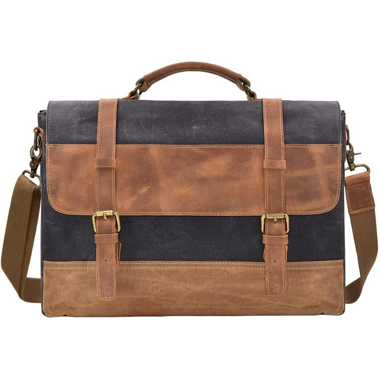 Mens Messenger Bag 15.6 Inch Waterproof Vintage Genuine Leather Waxed Canvas Briefcase Large Satchel Shoulder Bag Rugged Leather Computer Laptop Bag Grey Walmart