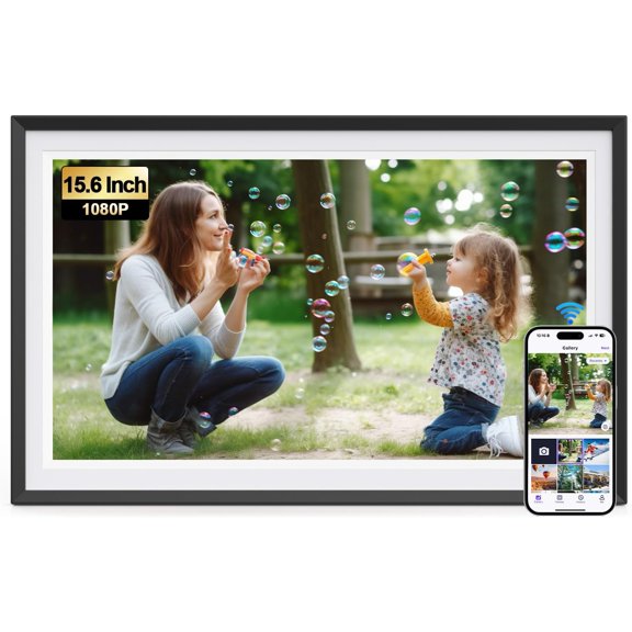 15.6 Inch WiFi Digital Photo Frame, Frameo Smart Picture Frame 32GB Large Storage, 1080P IPS FHD Touch Screen, Dual Use Wall/Tabletop, Wireless Photo Video Share, for Family Birthday