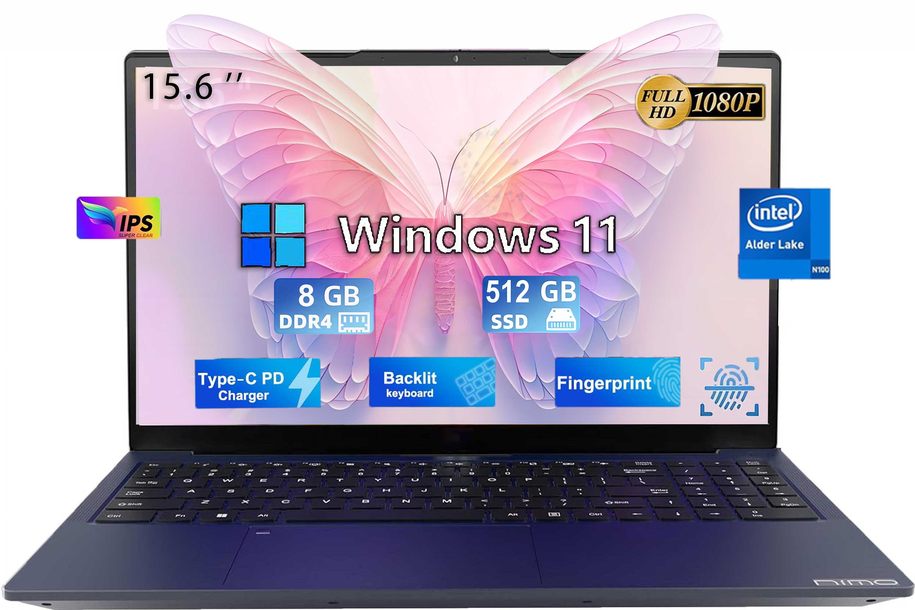 15.6" Laptop Computer, Quad-Core Intel Celeron N100 Processors，Up to 3.4GHz, Laptop Computers with (1920x1080) IPS Display，8GB RAM 512 SSD,2 Years Warranty, WiFi 6, Win 11 (Blue)