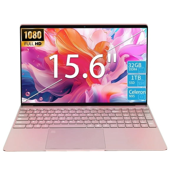 15.6" Laptop Intel Alder N95, 32GB RAM, 1TB SSD, Windows 11 Pro Work Computer, Fingerprint Reader, Backlit Keyboard, Rose
