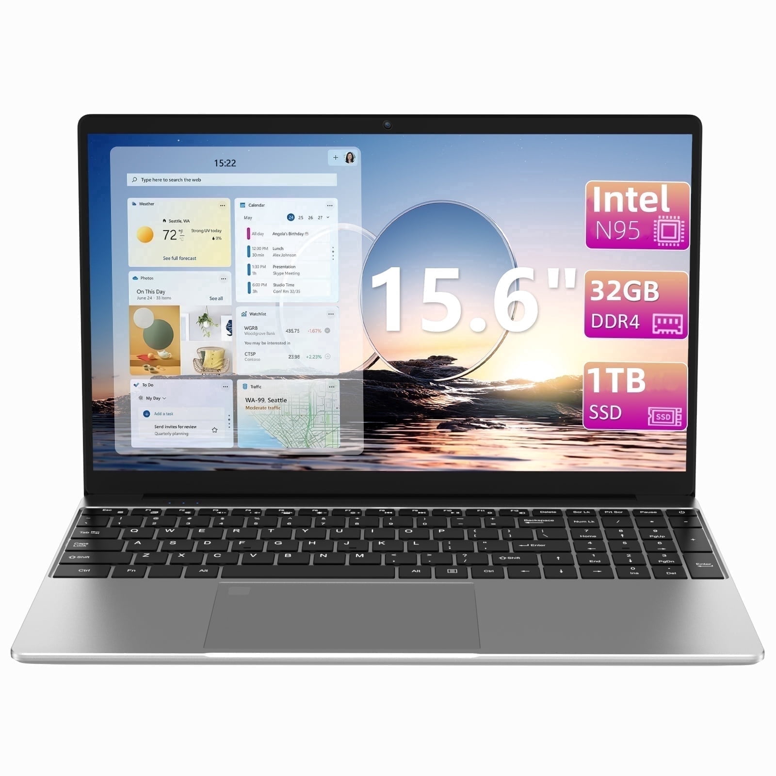 15.6" Laptop Intel Alder N95, 32GB RAM, 1TB SSD, Windows 11 Pro Work Computer, Fingerprint Reader, Backlit Keyboard