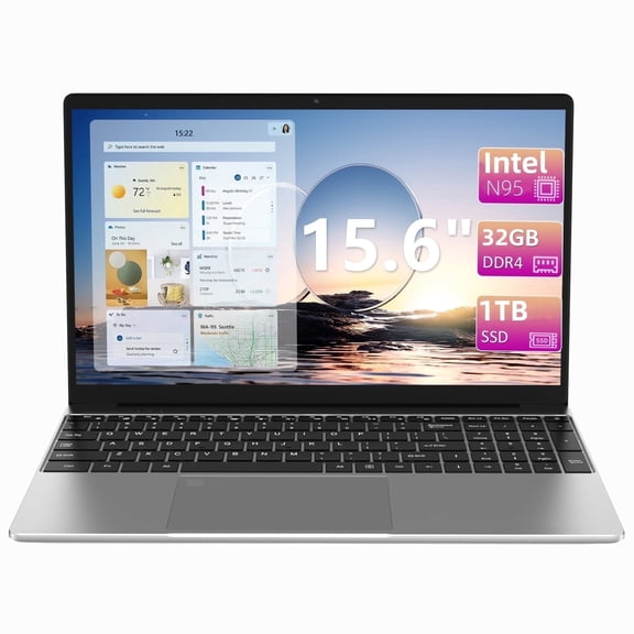 15.6" Laptop Intel Alder N95, 32GB RAM, 1TB SSD, Windows 11 Pro Work Computer, Fingerprint Reader, Backlit Keyboard