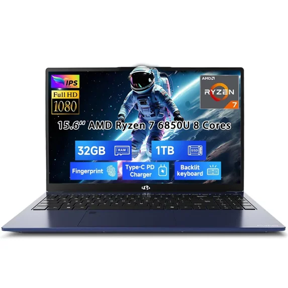 15.6" Light-Gaming-Laptop, 8 Cores AMD Ryzen 7 Pro 6850U 32GB LPDDR5 RAM 1TB SSD (Beat i7-1360P Up to 4.7GHz) AMD Radeon 680M GPU IPS FHD Computer with 100W Type-C Backlit Keyboard Fingerprint