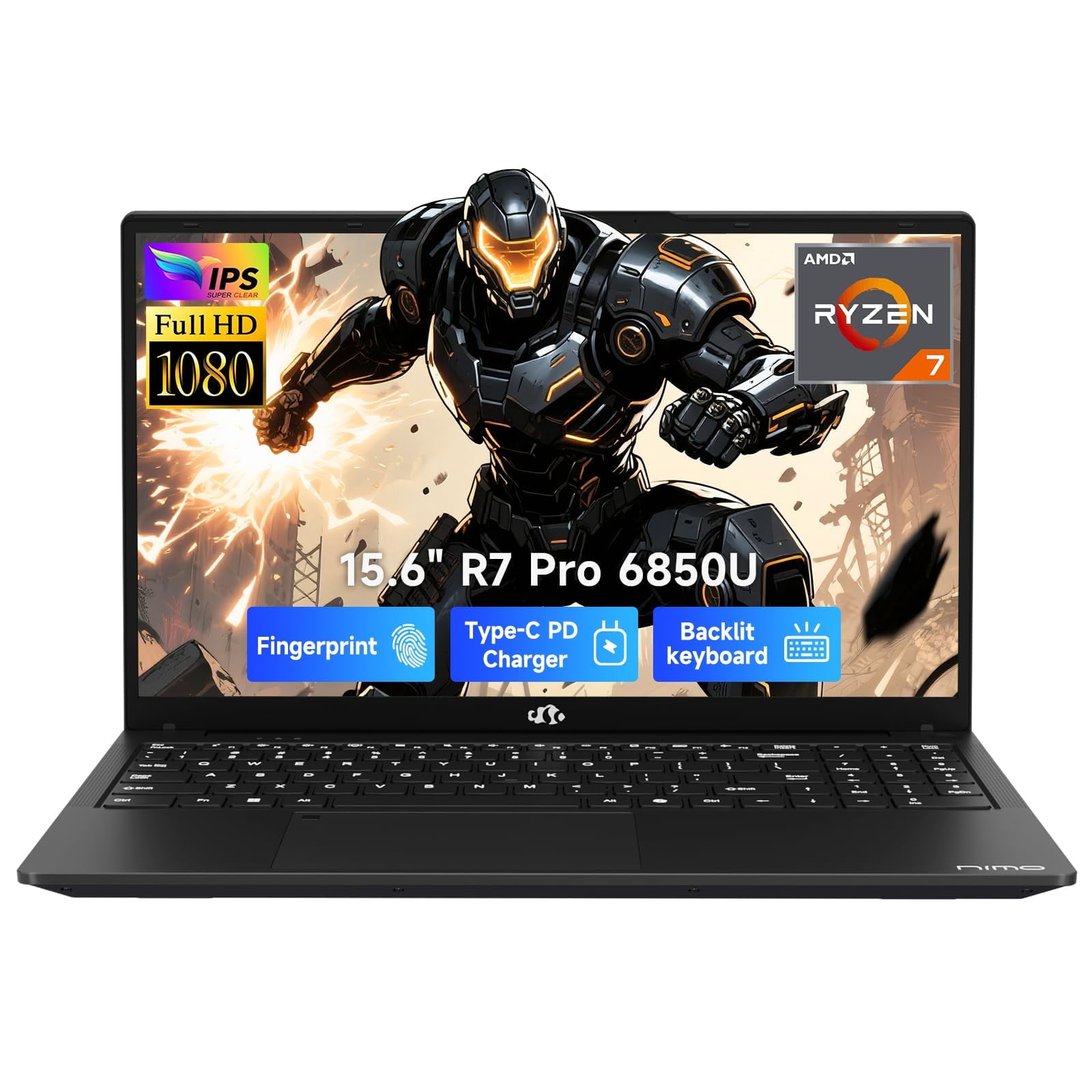NIMO 15.6" Light-Gaming-Laptop, 8 Cores AMD Ryzen 7 Pro 6850U 32GB LPDDR5 RAM 1TB SSD (Beat i7-1360P Up to 4.7GHz) AMD Radeon 680M GPU IPS FHD Computer with 100W Type-C Backlit Keyboard Fingerprint