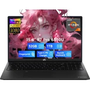 15.6" Light-Gaming-Laptop, 8 Cores AMD Ryzen 7 Pro 6850U 32GB LPDDR5 RAM 1TB SSD (Beat i7-1360P Up to 4.7GHz) AMD Radeon 680M GPU IPS FHD Computer with 100W Type-C Backlit Keyboard Fingerprint