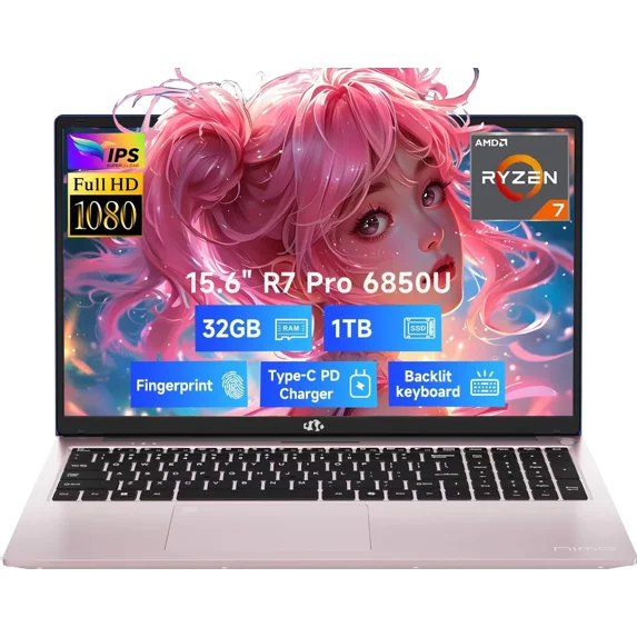 15.6" Light-Gaming-Laptop, 8 Cores AMD Ryzen 7 Pro 6850U 32GB LPDDR5 RAM 1TB SSD (Beat i7-1360P Up to 4.7GHz) AMD Radeon 680M GPU IPS FHD Computer with 100W Type-C Backlit Keyboard Fingerprint