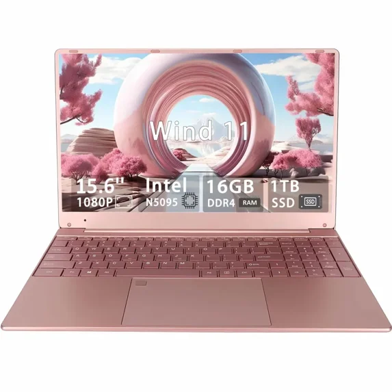 15.6 Lightweight Business student Laptop, Intel Celeron ADL-N5095 Processor (Up To 2.9GHz), 16GB RAM, 1TB SSD, FHD IPS (1920x1080) , Backlit Keyboard, Fingerprint, WiFi 5, BT 5.0, Win 11 Pro (Pink)