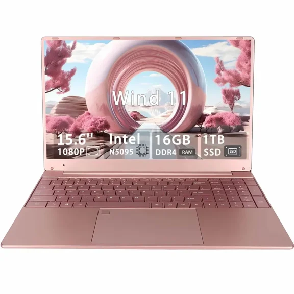 15.6 Lightweight Business student Laptop, Intel Celeron ADL-N5095 Processor (Up To 2.9GHz), 16GB RAM, 1TB SSD, FHD IPS (1920x1080) , Backlit Keyboard, Fingerprint, WiFi 5, BT 5.0, Win 11 Pro (Pink)