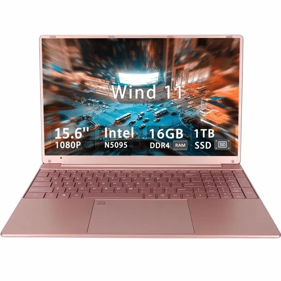 15.6 Lightweight Laptop for Students Business, Intel Celeron ADL-N5095 Processor (Up 2.9GHz), 16GB RAM, 1TB SSD, FHD IPS (1920x1080) , Backlit Keyboard, Fingerprint, WiFi 5,Win 11 Pro (Rose gold