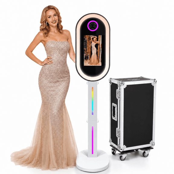 15.6" Magic Mirror Photo Booth Machine, Portable Touch Screen Selfie Kiosk with RGB Lighting and Flight Case for Event Rentals, Weddings and Parties