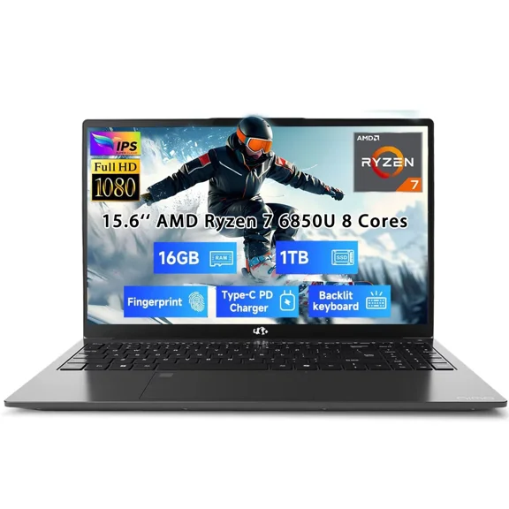 15.6" New Light Gaming-Laptop, 8 Cores AMD Ryzen 7 Pro 6850U 16GB LPDDR5 RAM 1TB SSD (Up to 4.7GHz) AMD Radeon 680M GPU IPS FHD Computer with 100W Type-C Backlit Keyboard Fingerprint