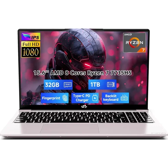 15.6" IPS FHD New Gaming Laptop, AMD 8 Cores Ryzen 7 7735HS 32GB DDR5 RAM 1TB SSD (Beats i7-12650H, Up to 4.75GHz) Computer with Radeon 680M 100W Type-C Backlit Keyboard Fingerprint Unlock