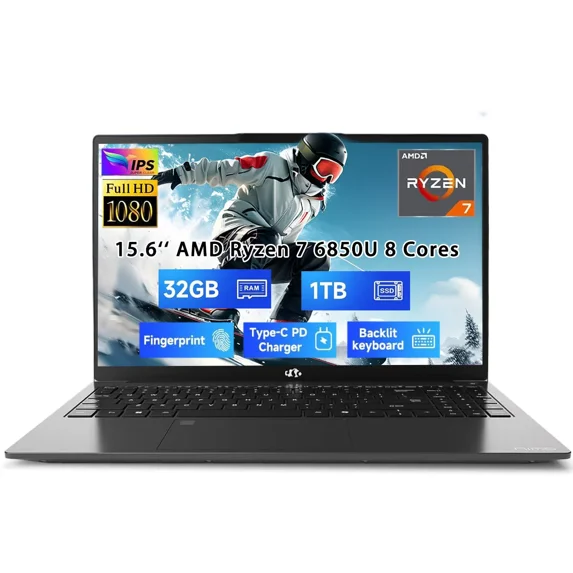 15.6" New Light Gaming-Laptop, 8 Cores AMD Ryzen 7 Pro 6850U 32GB LPDDR5 RAM 1TB SSD (Up to 4.7GHz) AMD Radeon 680M GPU IPS FHD Computer with 100W Type-C Backlit Keyboard Fingerprint