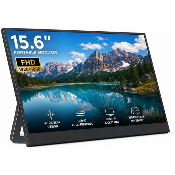 15.6" Portable Monitor 1920 * 1080 IPS Laptop Screen, Slim Lightweight Dual USB C HDMI Computer Gaming Display with Speakers, Travel Monitor for PC Phone PS5/4 Xbox Switch