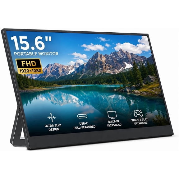 15.6" Portable Monitor 1920 * 1080 IPS Laptop Screen, Slim Lightweight Dual USB C HDMI Computer Gaming Display with Speakers, Travel Monitor for PC Phone PS5/4 Xbox Switch