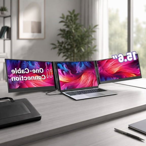 15.6" Portable Triple Monitor Laptop Screen Extender, -Slim 1080P FHD IPS Display, USB-C/A One Cable Connection, Travel Monitor for 13-17.3" Laptops, Compatible with //Android (Driver Required)