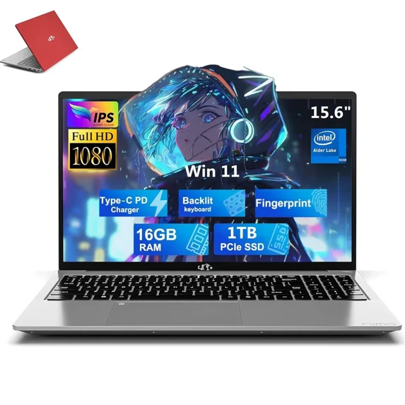 15.6" Red Laptop FHD IPS Student Notebook Computer 16GB RAM 1TB SSD 4 Cores 13th Gen Intel N150(Beat to i3-1115G4, Up to 3.6GHz) 65W GaN Type-C Fingerprint Backlit Keyboard Wi-Fi 6