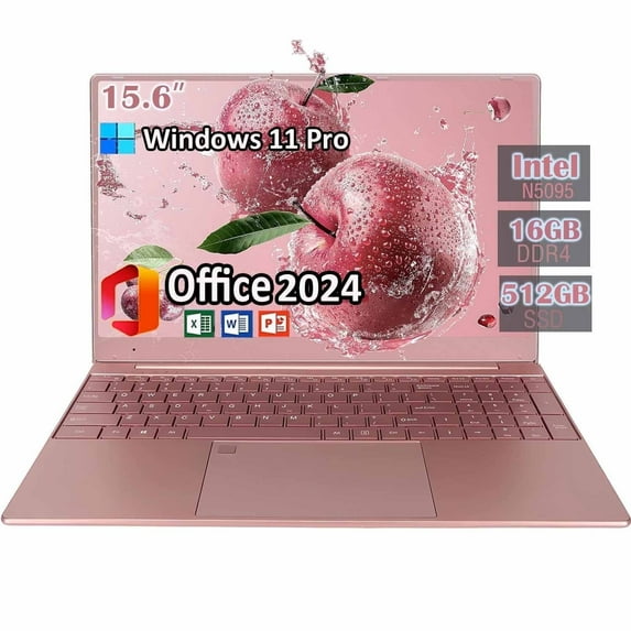 15.6" Student Laptop Computer Office 2024 Windows 11 Pro 16G DDR4 RAM 512GB SSD Large FHD IPS Screen Business Laptop Computer Intel Celeron N5095 Backlit KB Pink