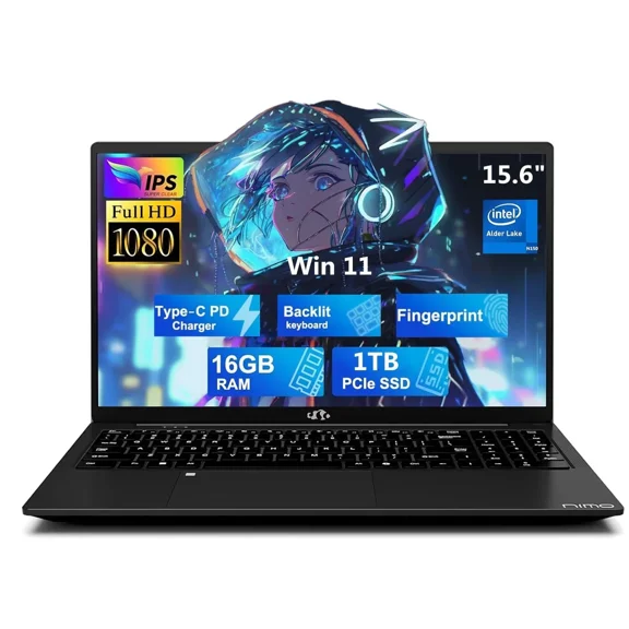 15.6" RoseGold Laptop FHD IPS Student Notebook 1Computer 16GB RAM 1TB SSD 4 Cores 13th Gen Intel N150(Beat to i3-1115G4, Up to 3.6GHz) 65W GaN Type-C Fingerprint Backlit Keyboard Wi-Fi 6 Black