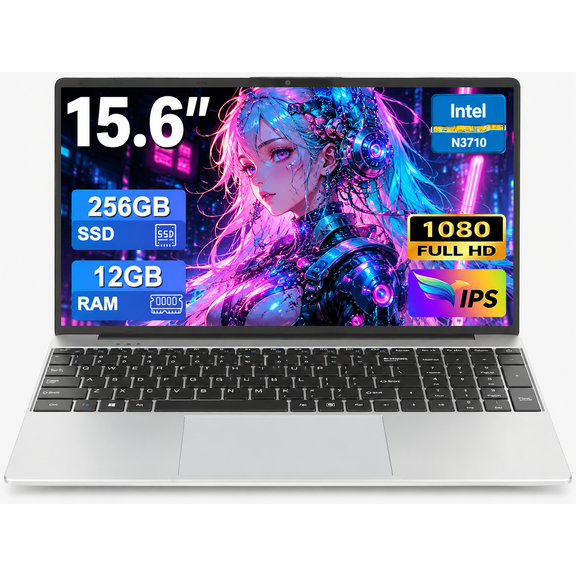 15.6" Student Laptop Computer, Intel N3710 Processor, 12GB RAM, 256GB SSD, Notebook PC for School, Business, Home Office & Beginners
