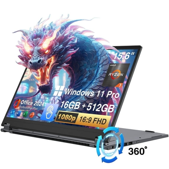 15.6" Touchscreen Laptop,512GB SSD 16GB RAM,Windows 11 Pro,360° Foldable 2 in 1 NoteBook Computer,AMD Ryzen R3 3200U(Up to 3.5 GHz),Office 365,Blacklit Keyboard,FHD Display