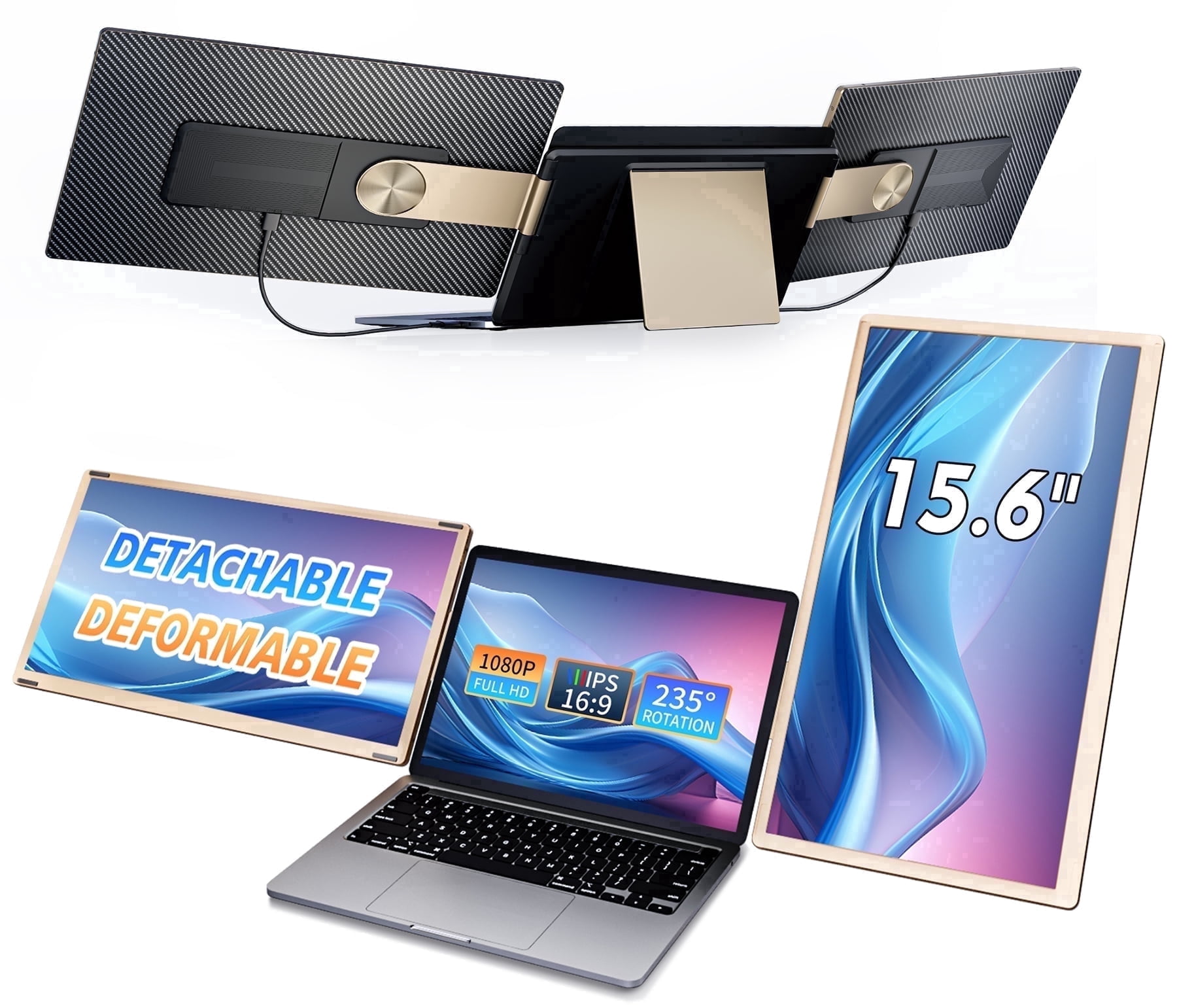 15.6" Triple Laptop Screen Extender, Detachable 1080P FHD IPS USB-C Portable Monitor, Plug & Play for Mac/Win/Android/DeX