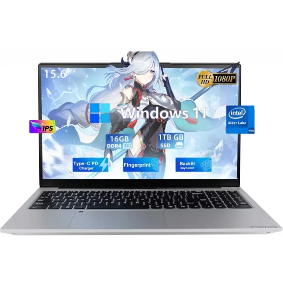 15.6" Ultral Light Laptop for Students, Quad-Core Intel Celeron N100 processors, up to 3.4GHz speed, Type-C 65W PD Fast Charger, 1TB SSD, 16GB RAM,WiFi 6, Windows 11-Silver