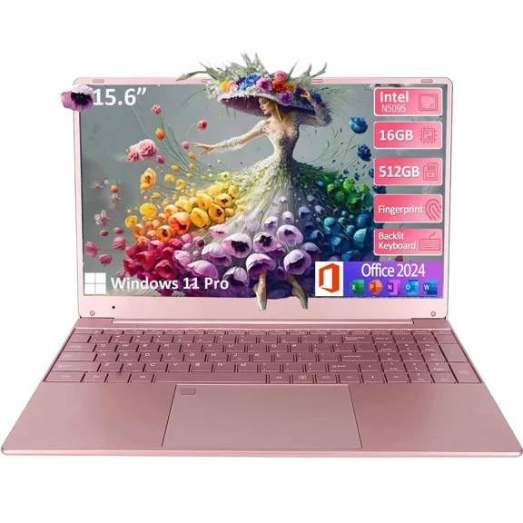 15.6" Windows 11 Pro Laptop 1920*1080 IPS FHD Intel Celeron ADL-N5095 16GB RAM 512GB SSD Office 2024 Student Business Home Office Backlit Keyboard WiFi 5 BT 5.0 (Pink )