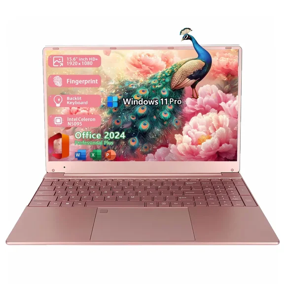 15.6 " Windows 11 Pro Laptop Office 2024 16GB RAM 1TB SSD Intel Celeron ADL-N5095 Fingerprint Backlit Keyboard 1920*1080 IPS FHD Display for Student Business Home Office(Rose Gold)