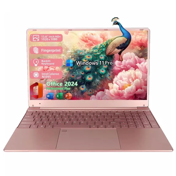15.6 " Windows 11 Pro Laptop Office 2024 16GB RAM 512GB SSD Intel Celeron ADL-N5095 Fingerprint Backlit Keyboard 1920*1080 IPS FHD Display for Student Business Home Office(Rose Gold)