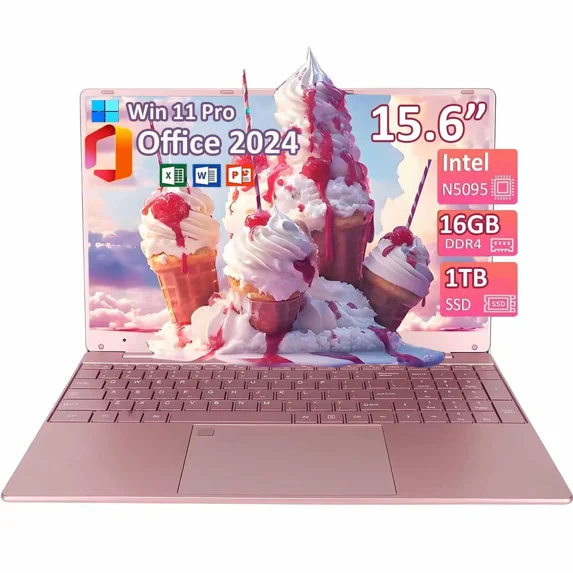 15.6" Windows 11 Pro Laptop Office 2024 Intel Celeron N5095 16GB RAM 1TB SSD Business Laptop Computer Student Laptop 2.9 GHz Backlit Keyboard privacy camera WiFi 5 BT 5.0 pink laptop