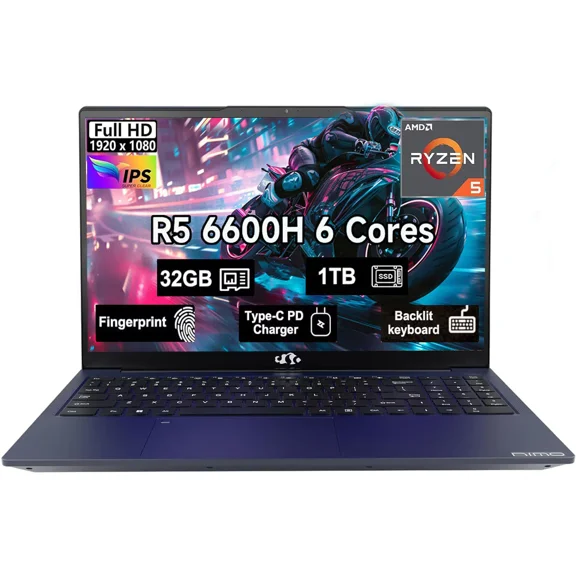 15.6" Windows11 Gaming Laptop Computer AMD Ryzen 5 6600H 32GB DDR5 RAM 1TB SSD 660M 6nm GPU-Computer with 100W Type-C Backlit Keyboard Fingerprint for Business and Student Blue