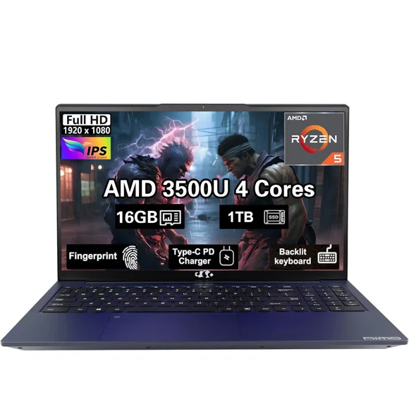 15.6 inch FHD Business Laptop , AMD Ryzen 5 3500U, 16GB RAM, 512GB SSD, Windows 11, Backlit Keyboard, Fingerprint Reader, 65W PD, Lightweight Computer for Work and Student, Blue