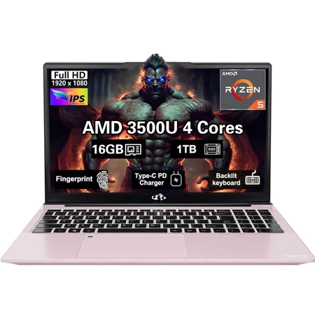 15.6 inch FHD Business Laptop , AMD Ryzen 5 3500U, 16GB RAM, 512GB SSD, Windows 11, Backlit Keyboard, Fingerprint Reader, 65W PD, Lightweight Computer for Work and Student, RoseGold