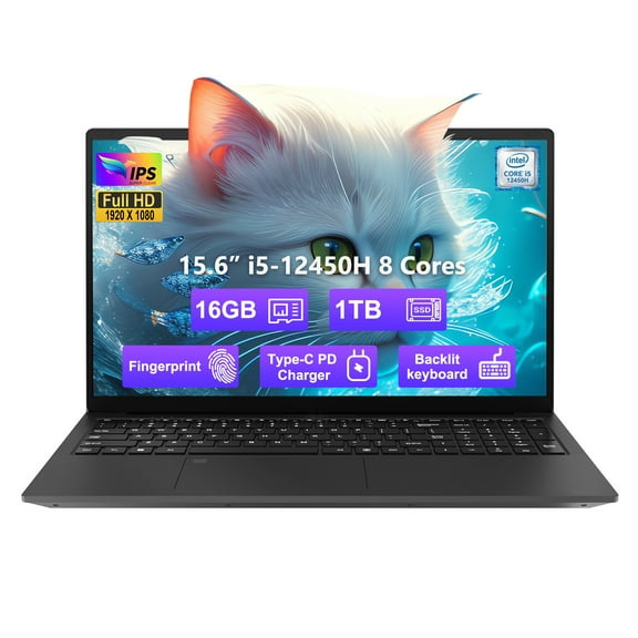 15.6 inch FHD Laptop,16GB RAM 1TB SSD 8 cores Intel i5-12450H(Beat AMD R5 5500U,up to 4.4 GHz) Student-Laptop,Computer with Backlit Keyboard Fingerprint 2 Years Warranty,Black